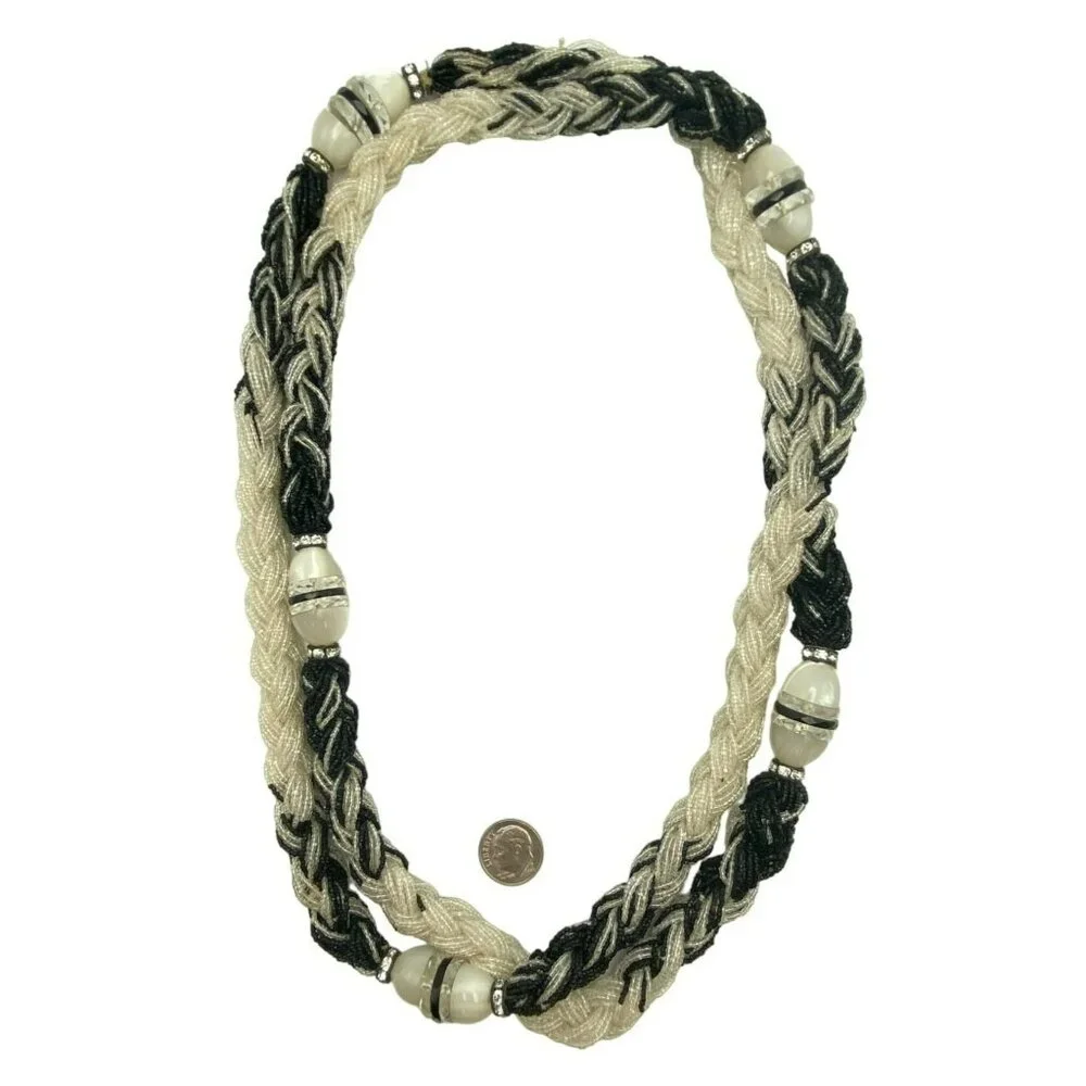 Vintage Art Deco Roaring 20s Black White Beaded Rhinestone Celluloid 50 Necklace - Picture 10 of 10